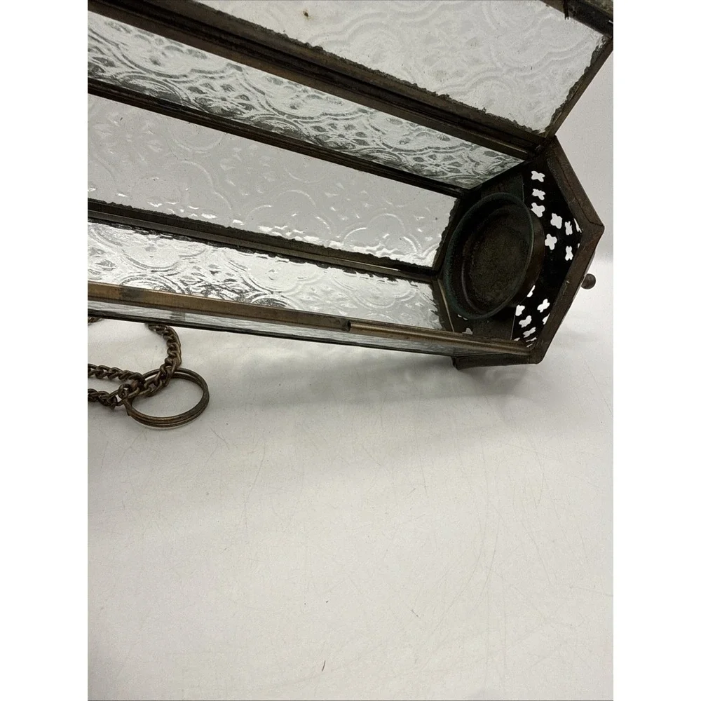 VTG Moroccan Hanging Lantern Clear Embossed Glass Brass 10.5
